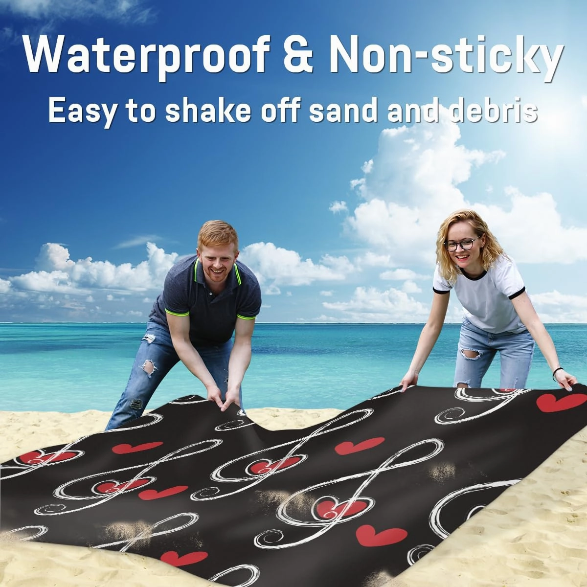 Beach Blanket, Musical Notes Sandproof Beach Mat, Waterproof Quick Drying Sand Free Mat with 4 x Ground Spikes for Outdoor Travel Camping Hiking, Music Heart 68 x 59 in
