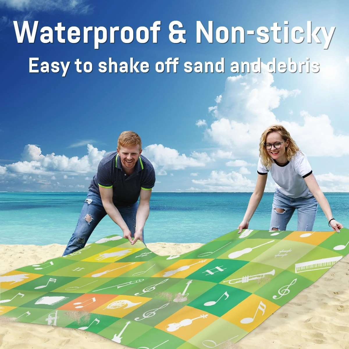 Beach Blanket, Musical Sandproof Beach Mat, Waterproof Quick Drying Sand Free Mat with 4 x Ground Spikes for Outdoor Travel Camping Hiking, Guitar Music Note 68 x 59 in