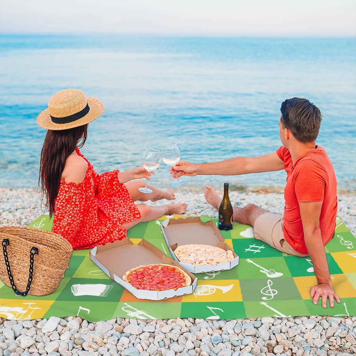 Beach Blanket, Musical Sandproof Beach Mat, Waterproof Quick Drying Sand Free Mat with 4 x Ground Spikes for Outdoor Travel Camping Hiking, Guitar Music Note 68 x 59 in