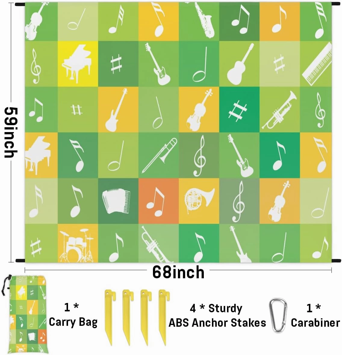 Beach Blanket, Musical Sandproof Beach Mat, Waterproof Quick Drying Sand Free Mat with 4 x Ground Spikes for Outdoor Travel Camping Hiking, Guitar Music Note 68 x 59 in