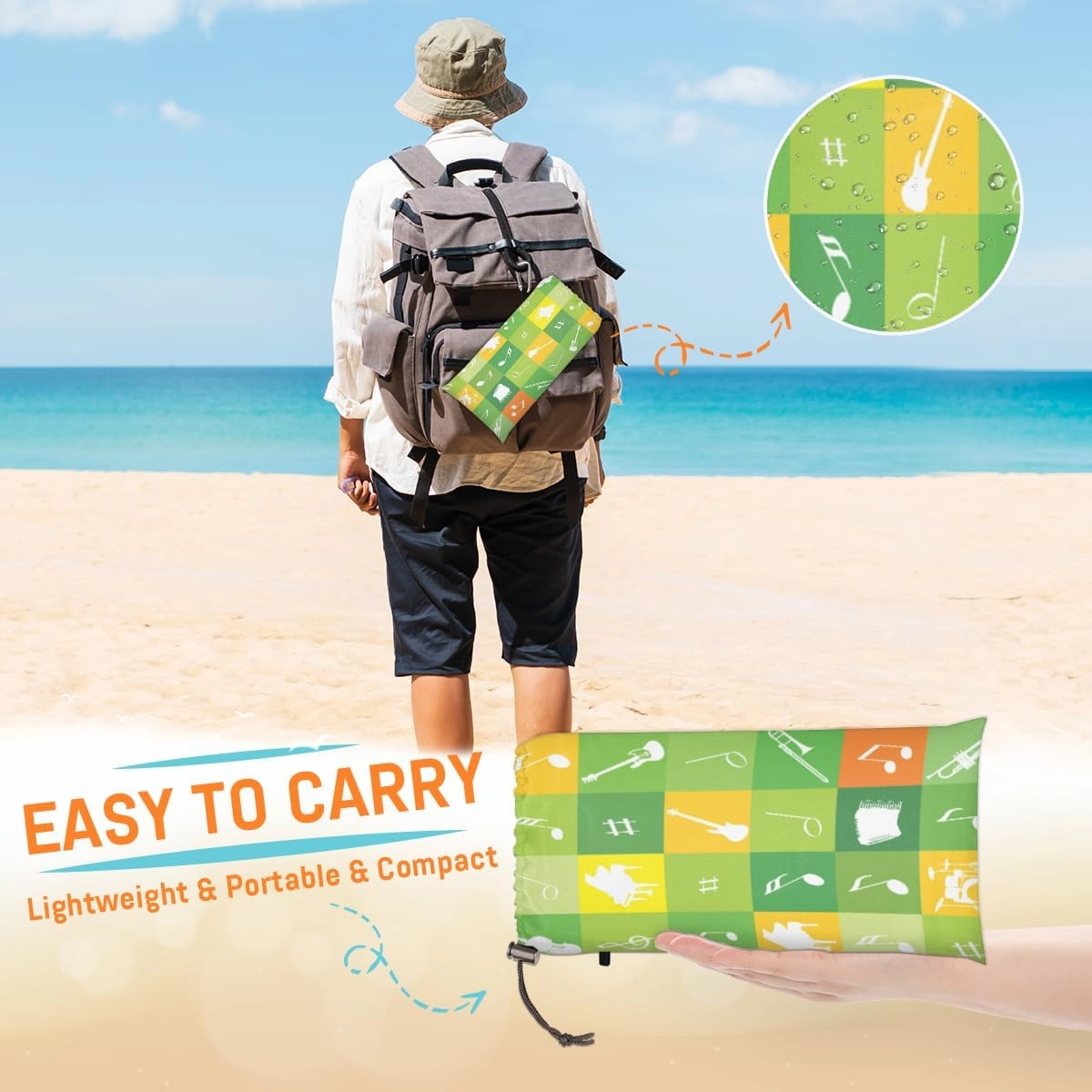 Beach Blanket, Musical Sandproof Beach Mat, Waterproof Quick Drying Sand Free Mat with 4 x Ground Spikes for Outdoor Travel Camping Hiking, Guitar Music Note 68 x 59 in