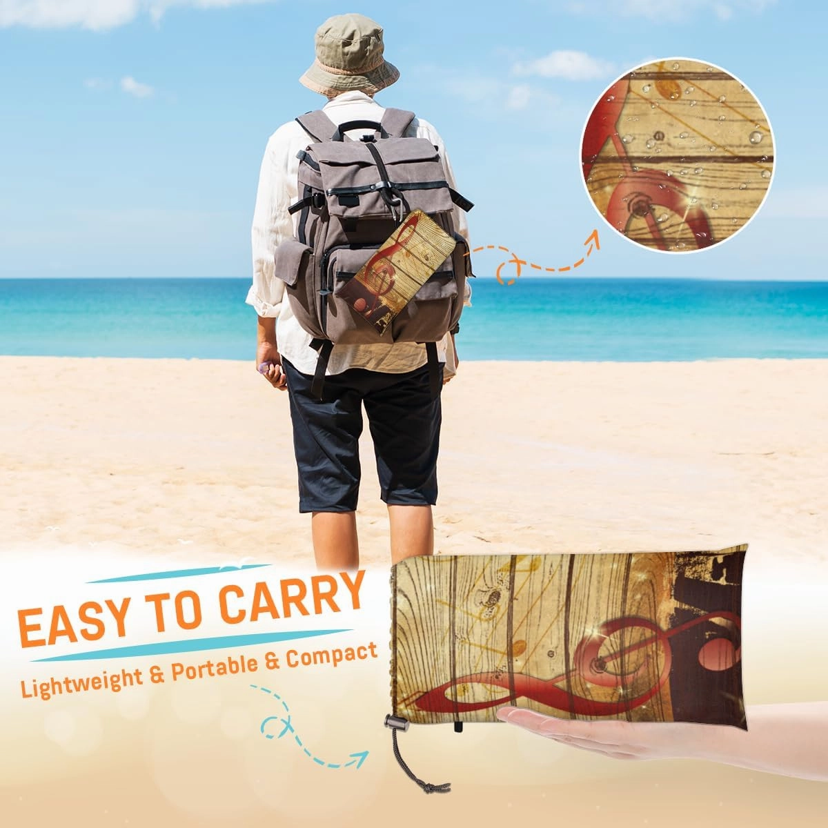 Beach Blanket, Vintage Music Sandproof Beach Mat, Waterproof Quick Drying Sand Free Mat with 4 x Ground Spikes for Outdoor Travel Camping Hiking, Musical Note 68 x 59 in