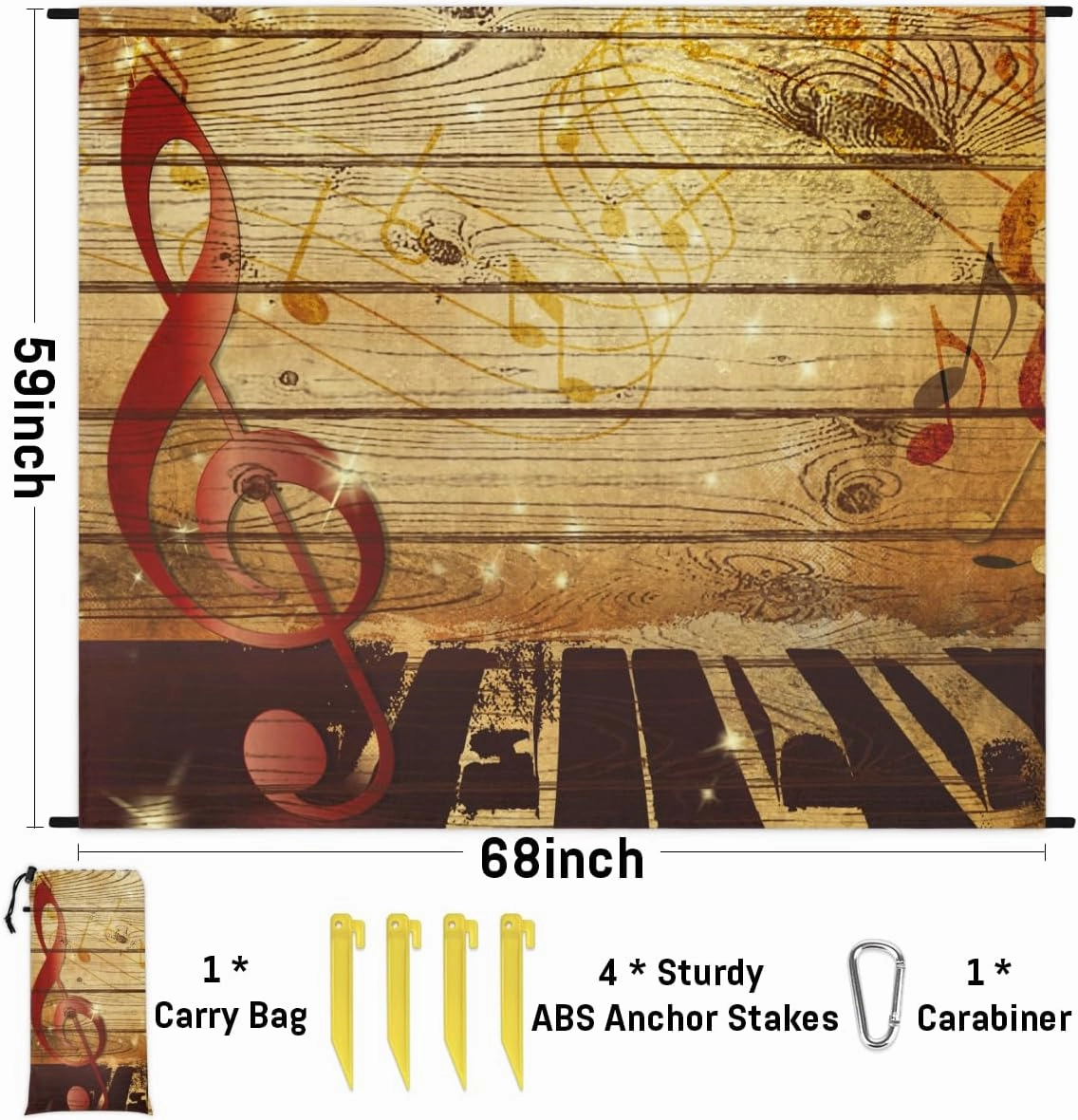 Beach Blanket, Vintage Music Sandproof Beach Mat, Waterproof Quick Drying Sand Free Mat with 4 x Ground Spikes for Outdoor Travel Camping Hiking, Musical Note 68 x 59 in