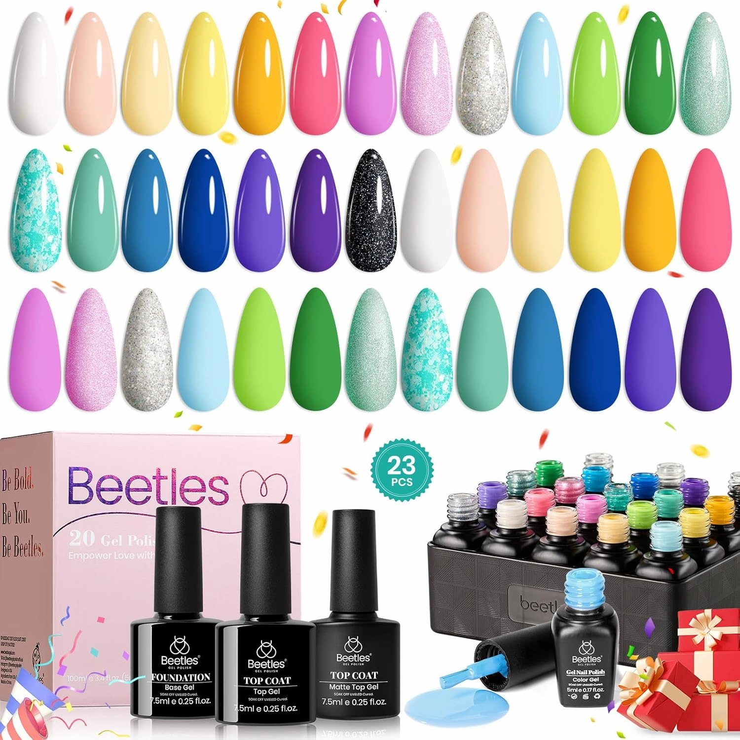 Beetles Summer Gel Nail Polish Set, 20 Colors Pastel Neon Pink Yellow Green Blue White Glitter Gel Nail Polish Kit Base Coat Matte Glossy Top Coat Soak off Uv Gift for Women