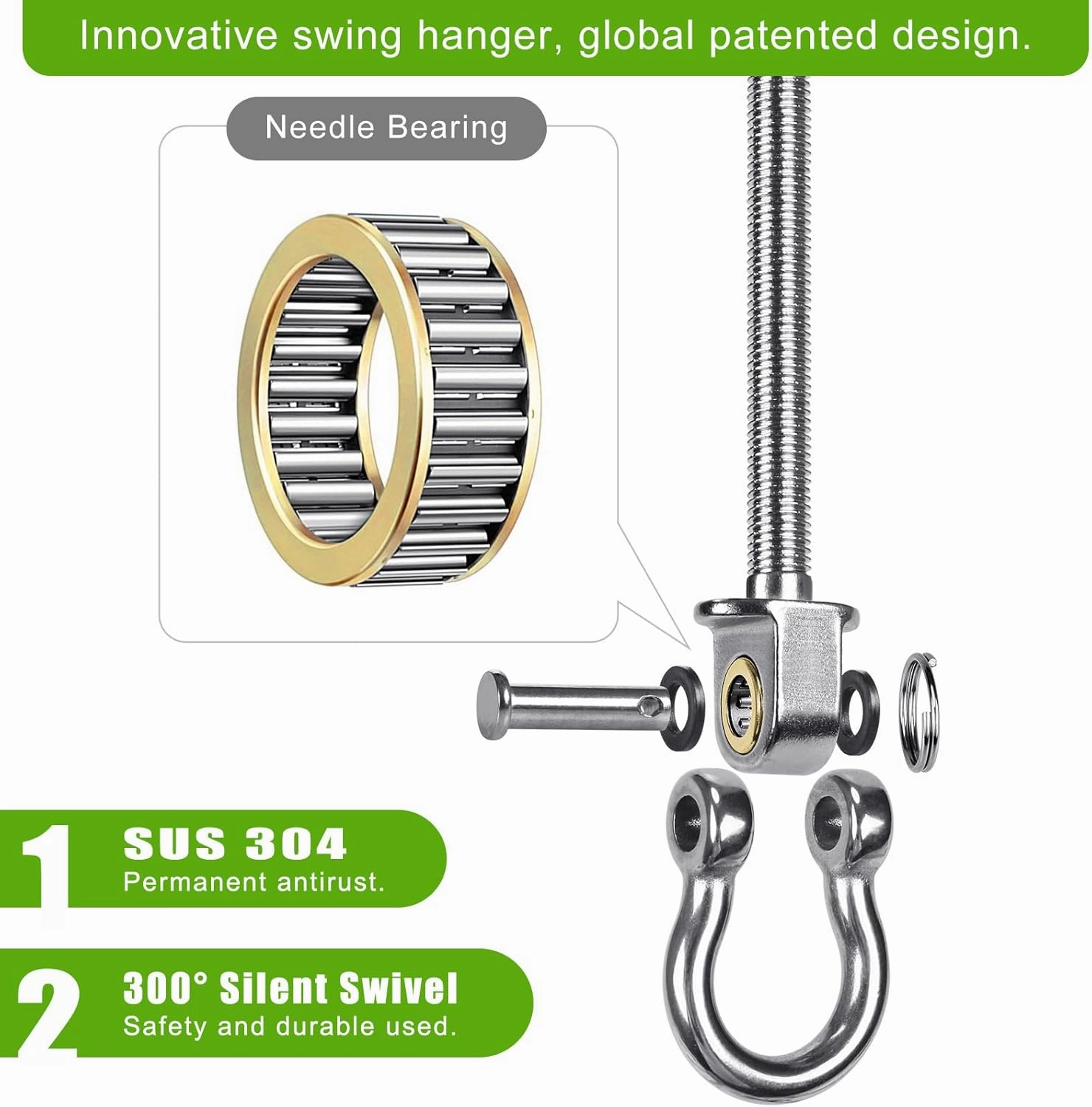 BeneLabel Heavy Duty Swing Hangers with Bearings - Set of 2 Stainless Steel 304 Hardware for Wood & Metal Beams - Ideal for Hanging Hammocks, Yoga Swings, Porch Swing - 1500LB Capacity - 7" x M2/5"