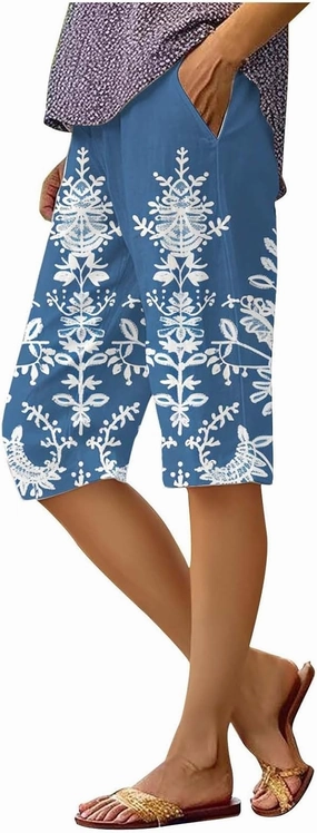 Bermuda Shorts for Women Plus Size Casual Lounge Shorts Summer High Waisted Knee Length Floral Print Short Pants