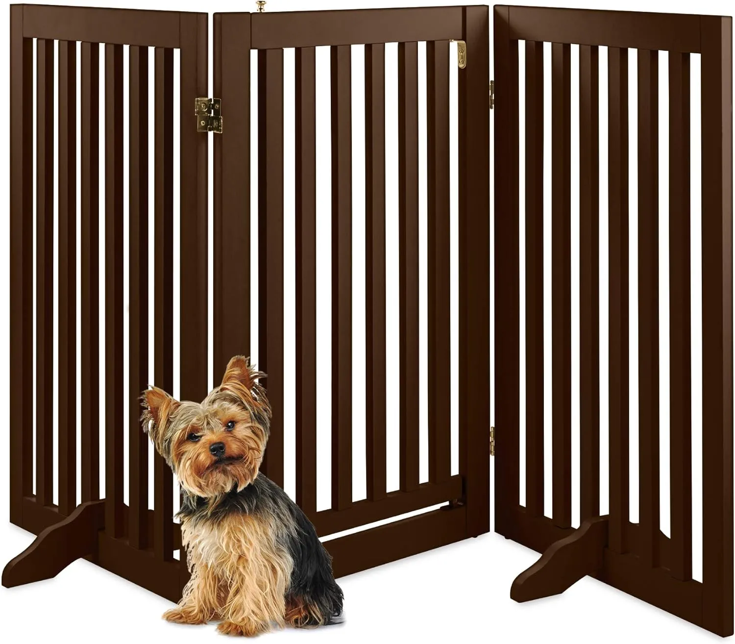 Best Choice Products 31.5in 3-Panel Freestanding Wooden Pet Gate w/Walk Through Door, Adjustable Pen, Support Feet - Espresso