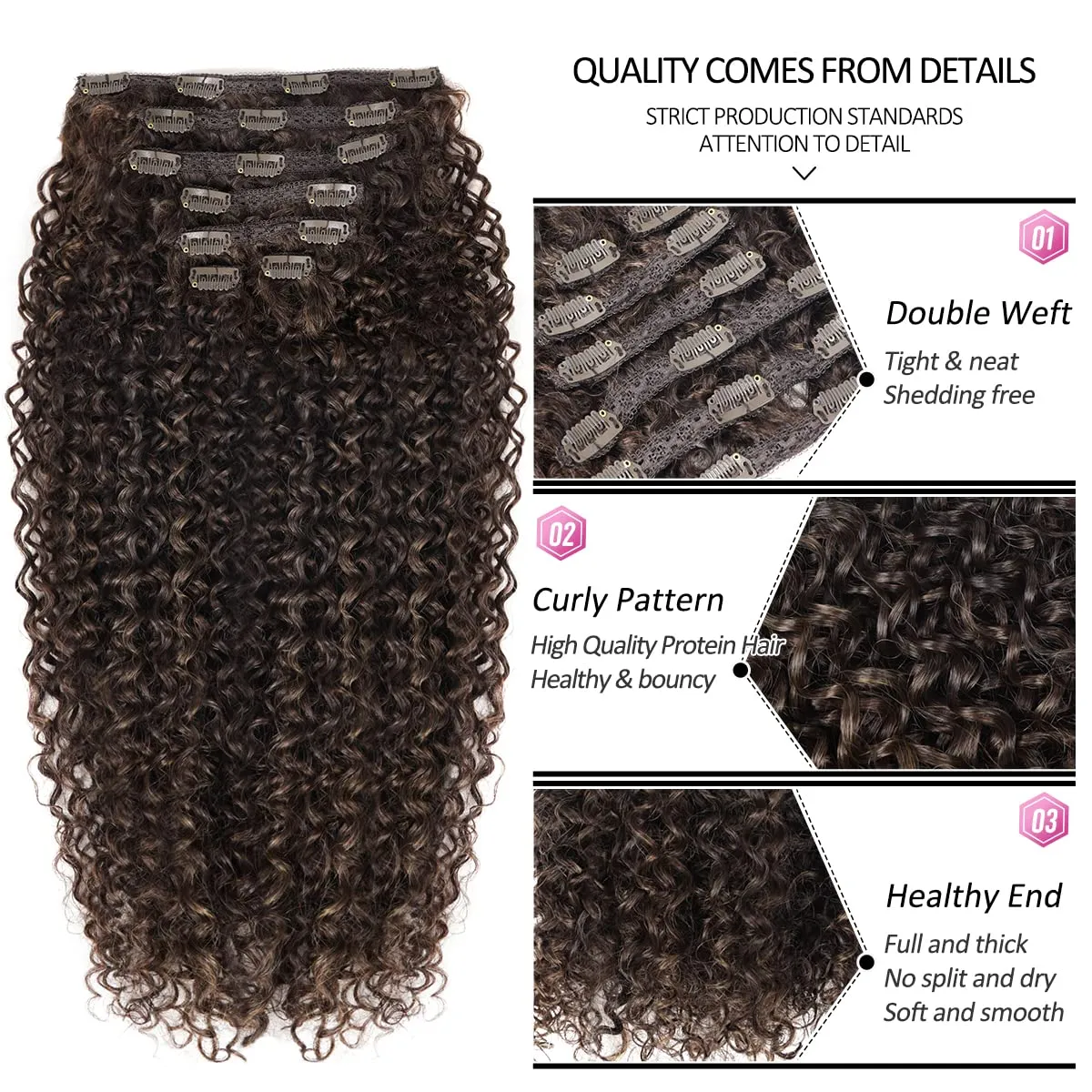 BHF 26 inch Kinky Curly Clip In Hair Extension, Double Weft Full Head Japanese Heat Resistance Fiber 140g Synthetic Hair Extensions For Women 7pieces (#MP4-27-30)