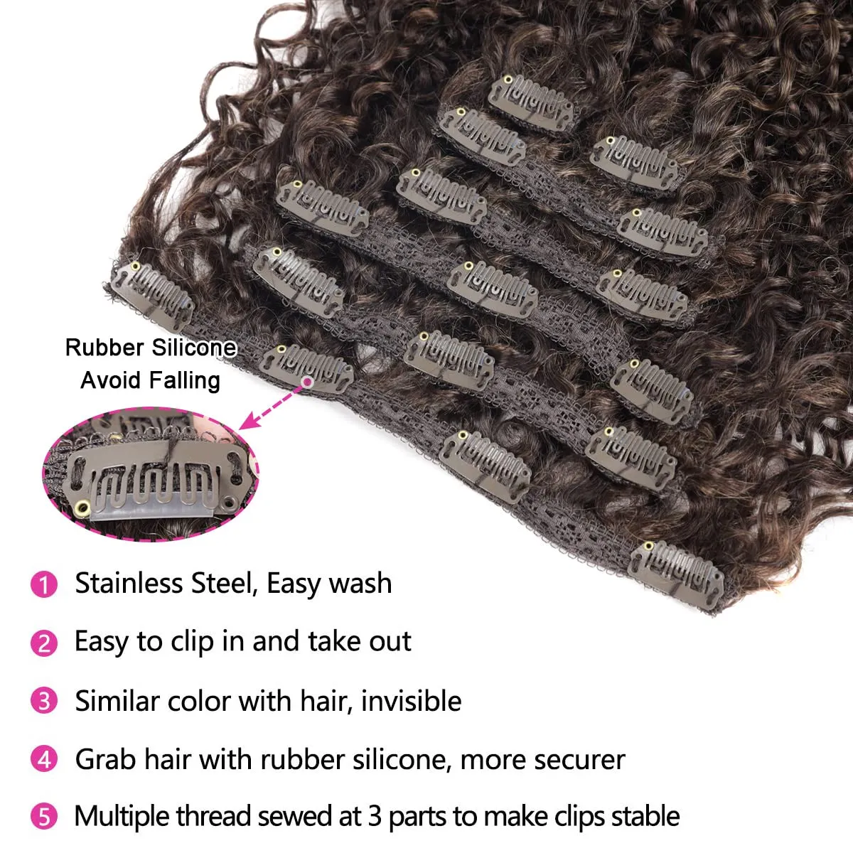 BHF 26 inch Kinky Curly Clip In Hair Extension, Double Weft Full Head Japanese Heat Resistance Fiber 140g Synthetic Hair Extensions For Women 7pieces (#MP4-27-30)