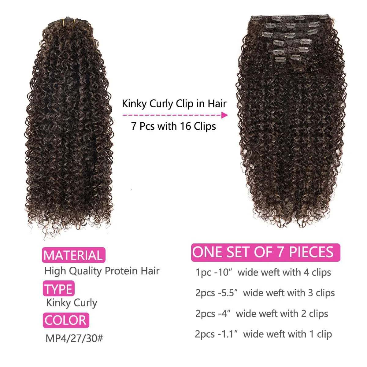 BHF 26 inch Kinky Curly Clip In Hair Extension, Double Weft Full Head Japanese Heat Resistance Fiber 140g Synthetic Hair Extensions For Women 7pieces (#MP4-27-30)