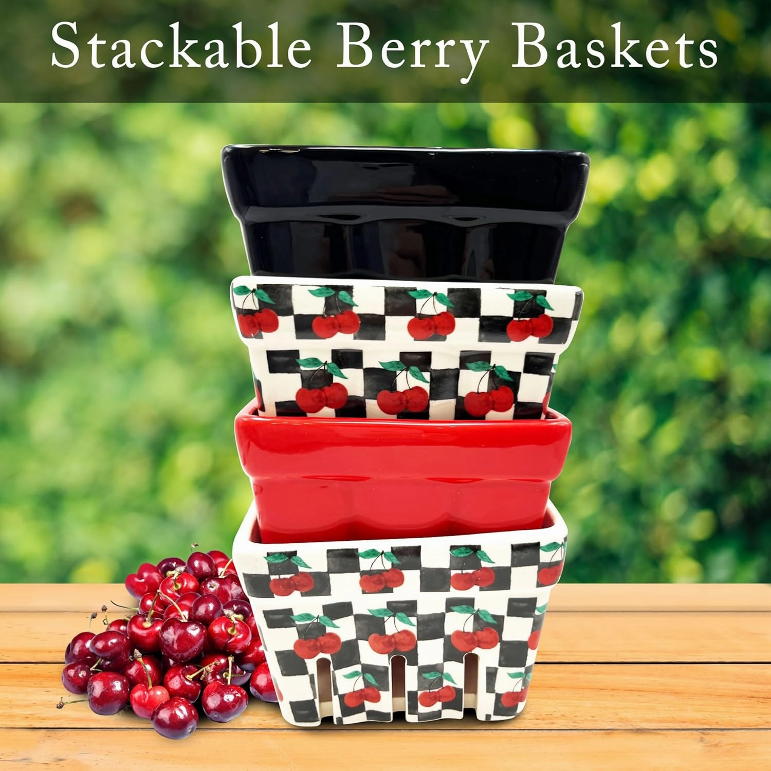 BIEN BEAU Checkered black and White with red Cherries pattern Ceramic Berry Basket - Colander -Modern Kitchen Decor Fruit Bowls - Checkerboard Fruit Baskets, Farmer's Market Harvest Bowls Set of 4