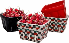 BIEN BEAU Checkered black and White with red Cherries pattern Ceramic Berry Basket - Colander -Modern Kitchen Decor Fruit Bowls - Checkerboard Fruit Baskets, Farmer's Market Harvest Bowls Set of 4