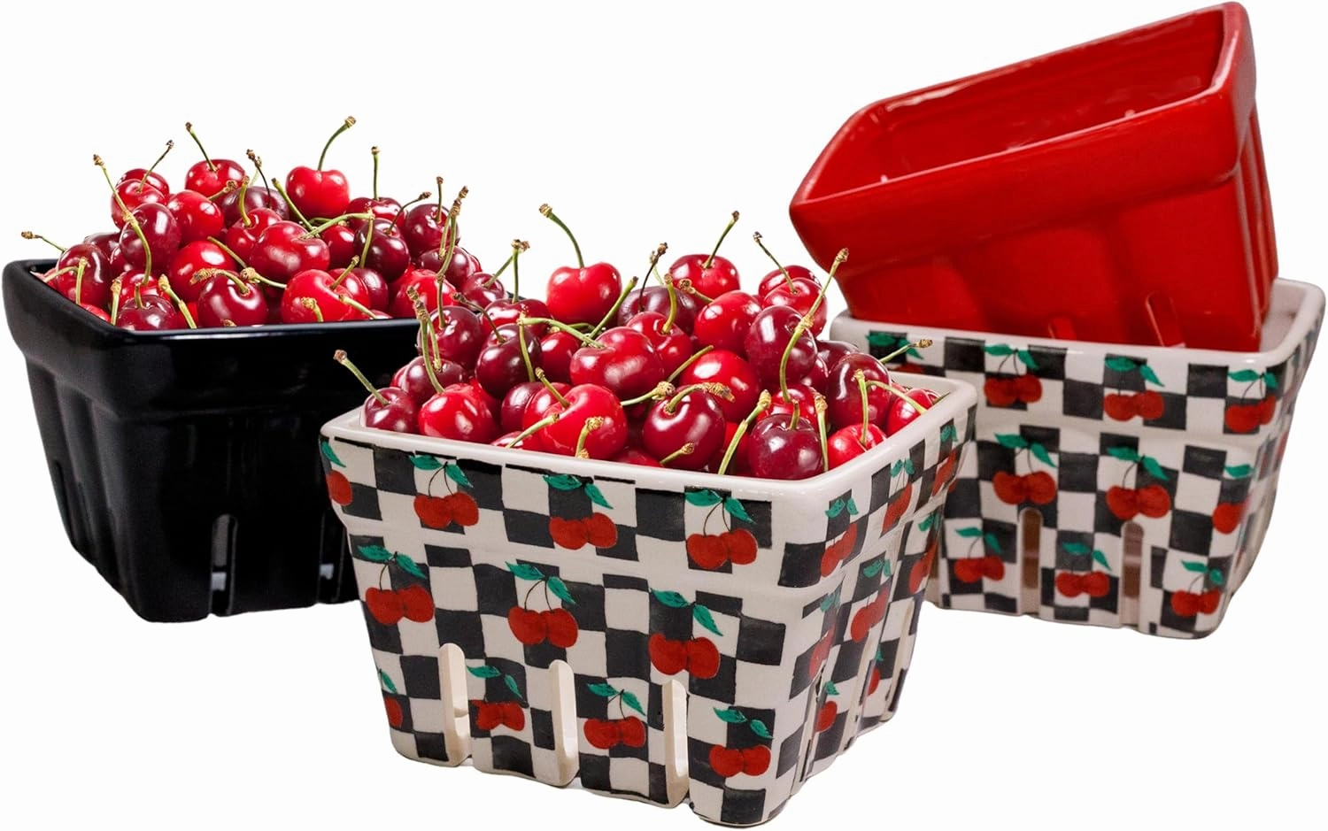 BIEN BEAU Checkered black and White with red Cherries pattern Ceramic Berry Basket - Colander -Modern Kitchen Decor Fruit Bowls - Checkerboard Fruit Baskets, Farmer's Market Harvest Bowls Set of 4