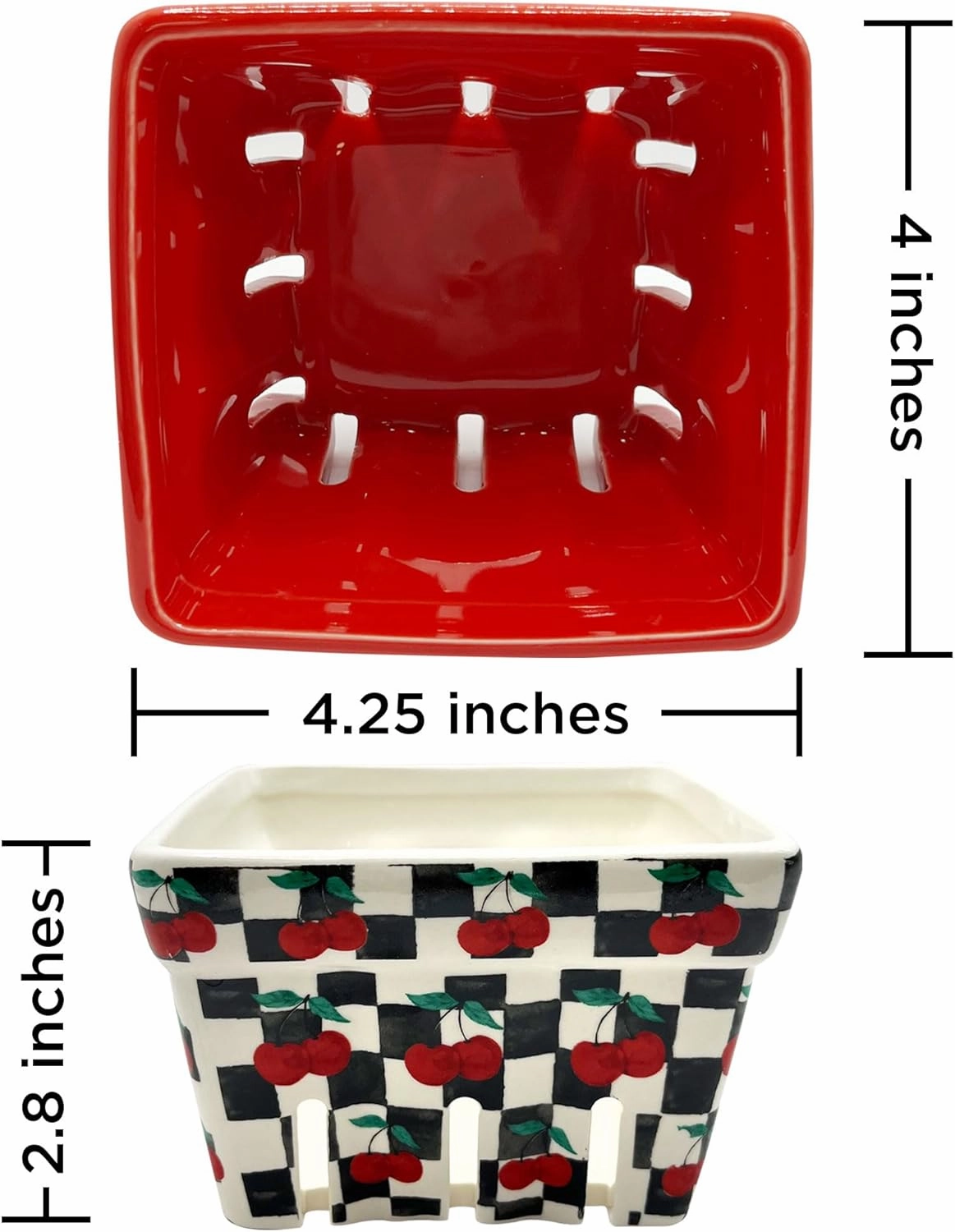 BIEN BEAU Checkered black and White with red Cherries pattern Ceramic Berry Basket - Colander -Modern Kitchen Decor Fruit Bowls - Checkerboard Fruit Baskets, Farmer's Market Harvest Bowls Set of 4
