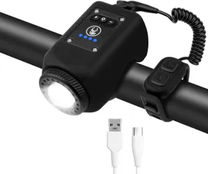 Bike Horn with Light, 110 dB Bicycle Electric Horn Front Headlight, 6 Sounds and 4 Light Modes, Adjustable Brightness Volume, USB Rechargeable, Battery Powered