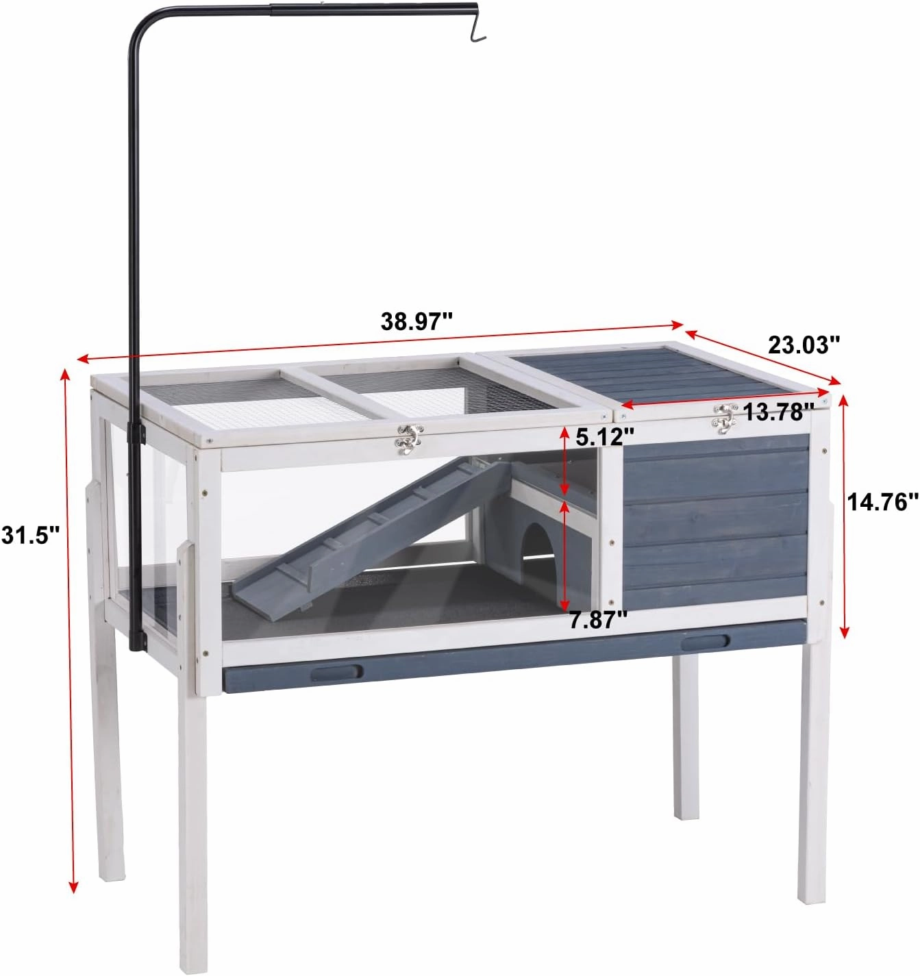 BIRASIL Wood Tortoise Enclosure with Adjustable Light Stand,2-Tier Habitat Reptile Cage with Swimming Area Feeding Area, Tortoises House for Small Animals Lizards Hamster (Gray/White)
