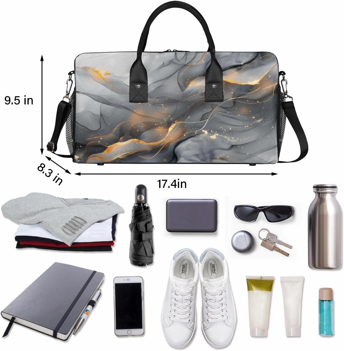 Black Gold Grey Marble Travel Duffle Bag for Women Men Foldable Waterproof Weekender Bag Carry on Tote for Overnight Sports Gym Marble Texture Modern