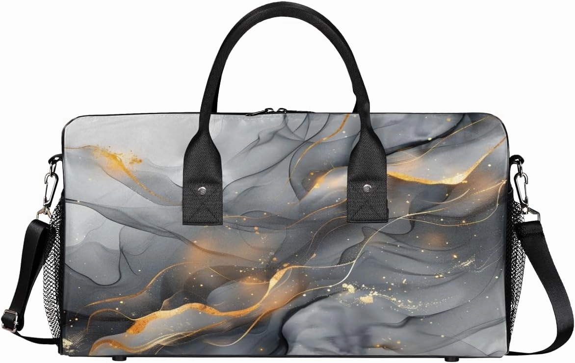 Black Gold Grey Marble Travel Duffle Bag for Women Men Foldable Waterproof Weekender Bag Carry on Tote for Overnight Sports Gym Marble Texture Modern