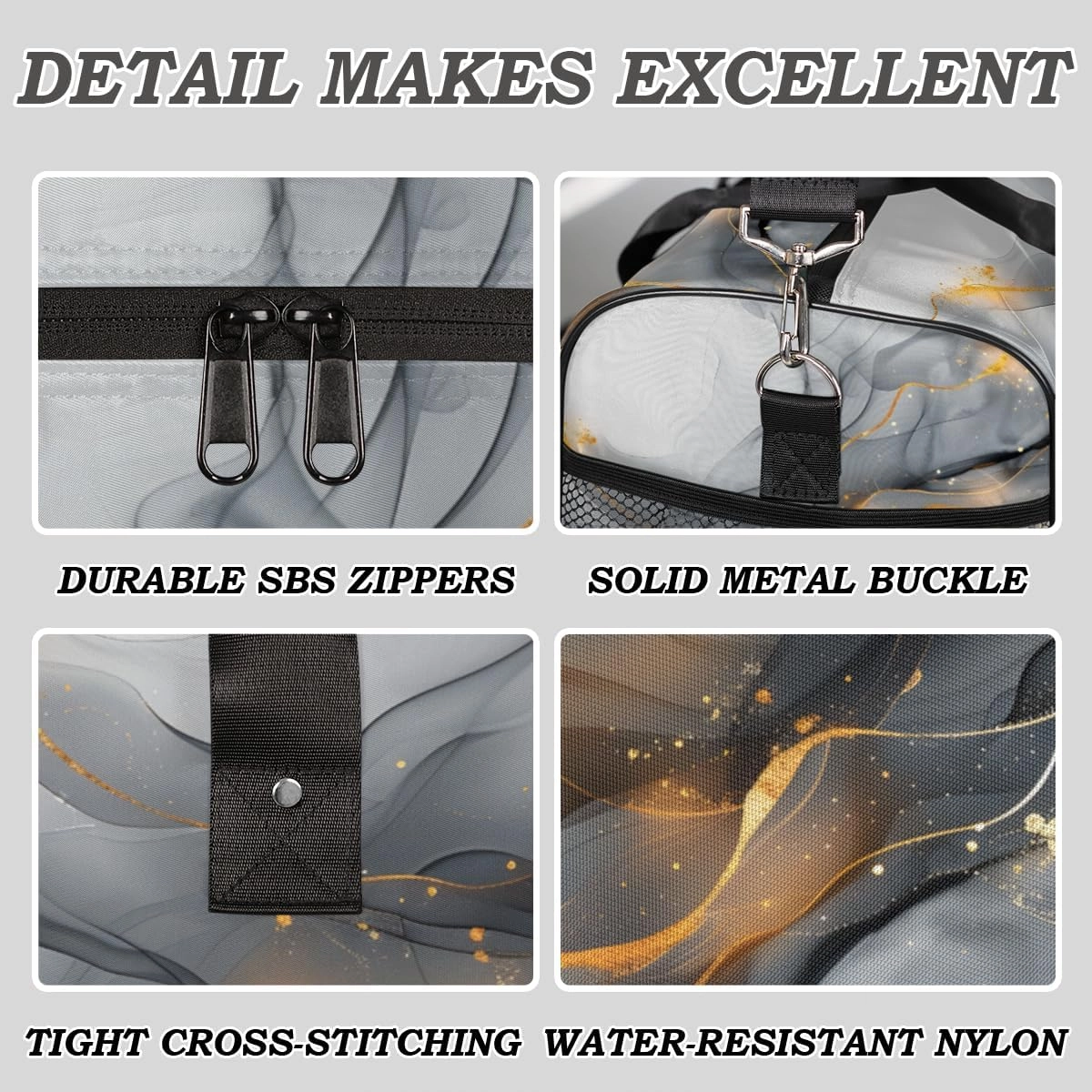 Black Gold Grey Marble Travel Duffle Bag for Women Men Foldable Waterproof Weekender Bag Carry on Tote for Overnight Sports Gym Marble Texture Modern