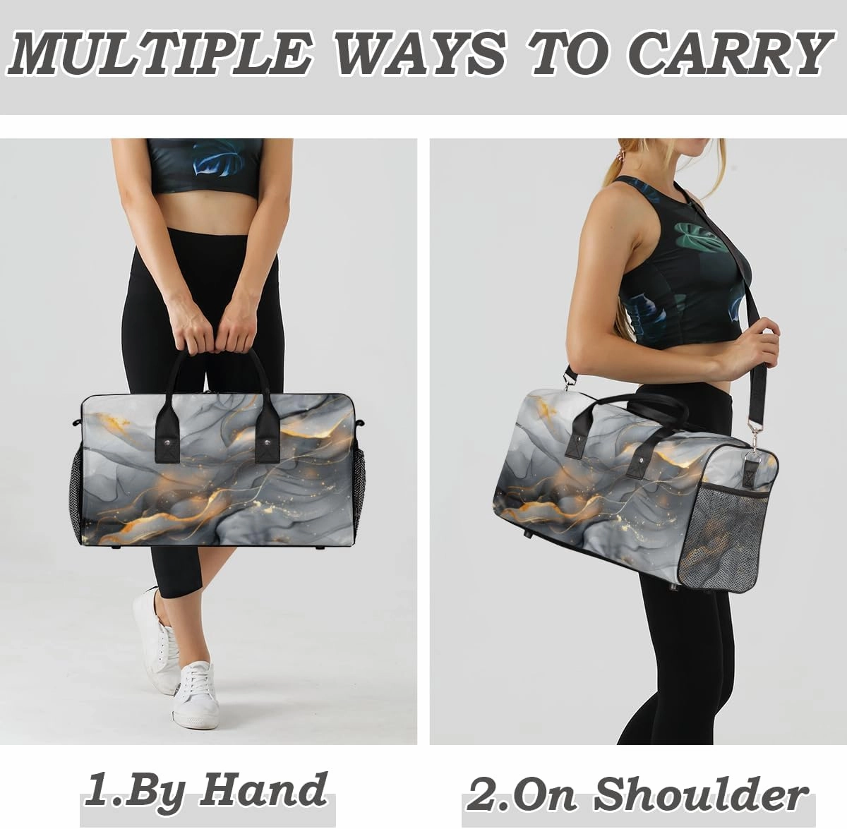 Black Gold Grey Marble Travel Duffle Bag for Women Men Foldable Waterproof Weekender Bag Carry on Tote for Overnight Sports Gym Marble Texture Modern