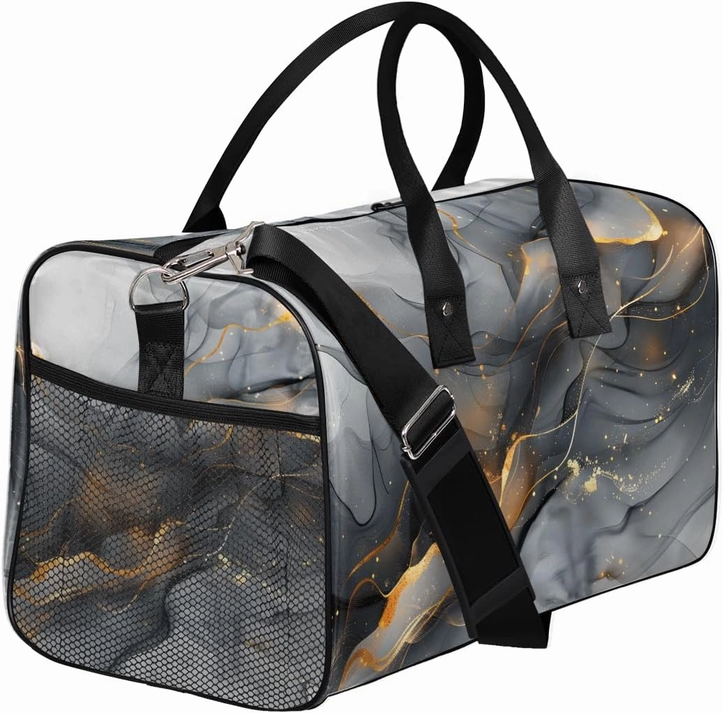 Black Gold Grey Marble Travel Duffle Bag for Women Men Foldable Waterproof Weekender Bag Carry on Tote for Overnight Sports Gym Marble Texture Modern