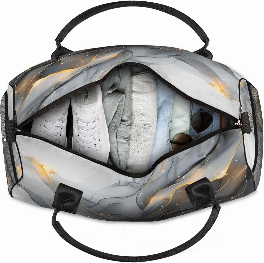 Black Gold Grey Marble Travel Duffle Bag for Women Men Foldable Waterproof Weekender Bag Carry on Tote for Overnight Sports Gym Marble Texture Modern
