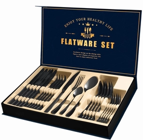 Black Silverware Set，24-Piece Stainless Steel Flatware Service for 6, Mirror Finish Cutlery Set with Gift Box (Black)