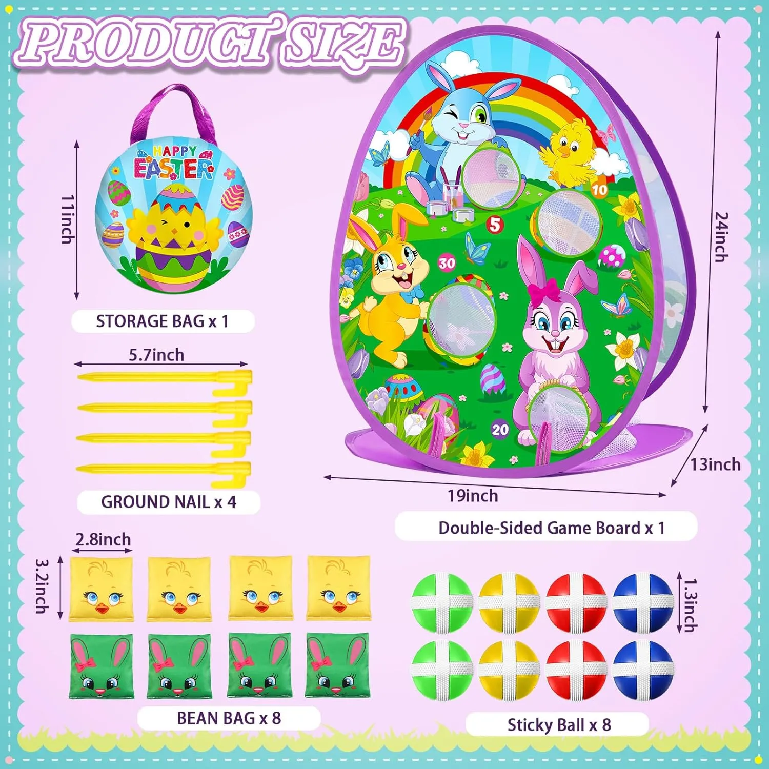 Blosssound 2 in 1 Easter Games for Kids Bunny Cornhole Board and Dart Board with 8 Sticky Balls 8 Bean Bags 4 Stakes Easter Bean Bag Toss Game for Toddlers Kids Family Outdoor Indoor Activities