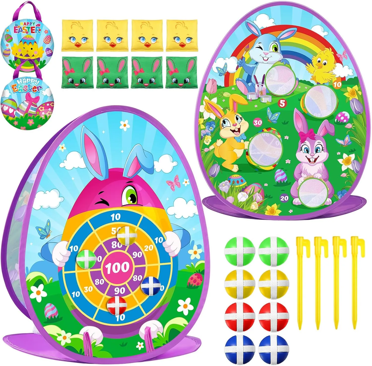Blosssound 2 in 1 Easter Games for Kids Bunny Cornhole Board and Dart Board with 8 Sticky Balls 8 Bean Bags 4 Stakes Easter Bean Bag Toss Game for Toddlers Kids Family Outdoor Indoor Activities