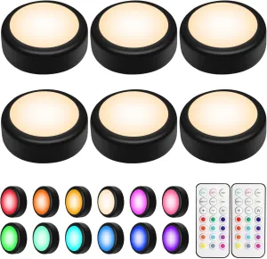 BLS LED Puck Lights With Remote Control, 13 Color Changing Under Cabinet Wireless, Push Battery Operated Night Light, Tap Battery Powered, Stick on for Closet, Black 6 Pack