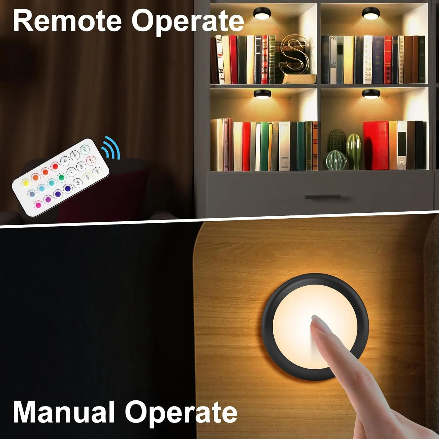 BLS LED Puck Lights With Remote Control, 13 Color Changing Under Cabinet Wireless, Push Battery Operated Night Light, Tap Battery Powered, Stick on for Closet, Black 6 Pack
