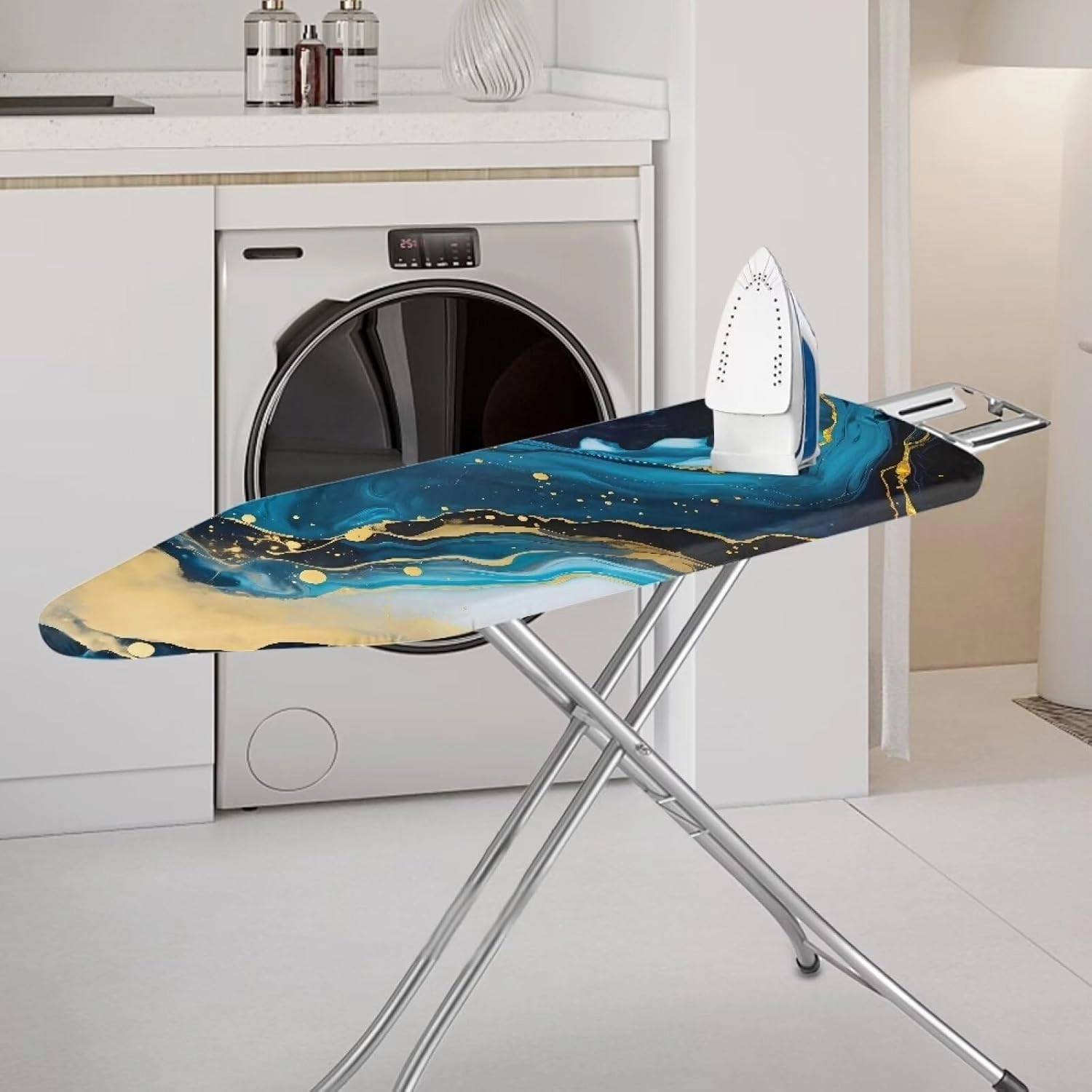Blue Marble Print Iron Board Cover with Padding 15x54 Inch Standard Ironing Board Cover with Elastic Edge, Cute Home Decoration Table Top Ironing Board Cover