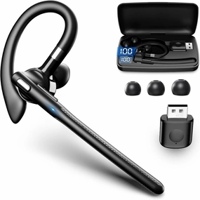 Bluetooth Headset, Wireless Earpiece with 500mAh Charging Case Hands Free Noise Canceling Headphones with Dual-Mic for Computer Cell Phones Trucker Home Office Work