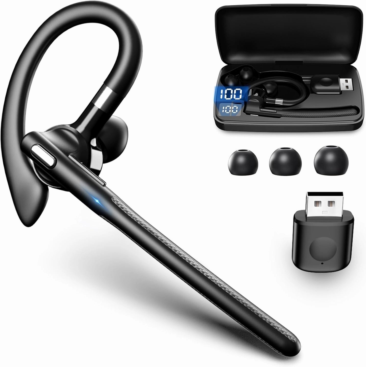 Bluetooth Headset, Wireless Earpiece with 500mAh Charging Case Hands Free Noise Canceling Headphones with Dual-Mic for Computer Cell Phones Trucker Home Office Work