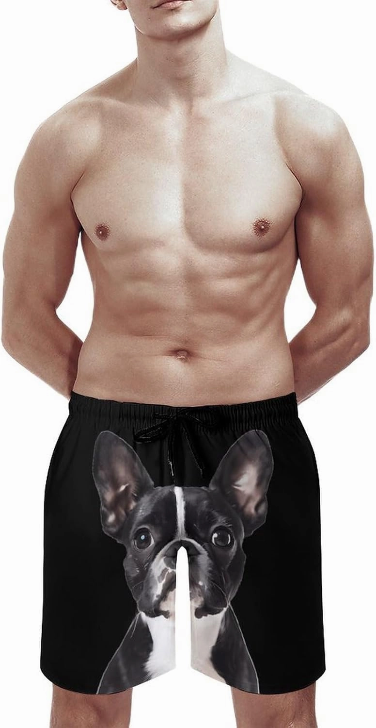 Boston Terrier Cute Funny Men's Swim Trunks Printed Quick Dry Swimwear Beach Shorts With Pocket