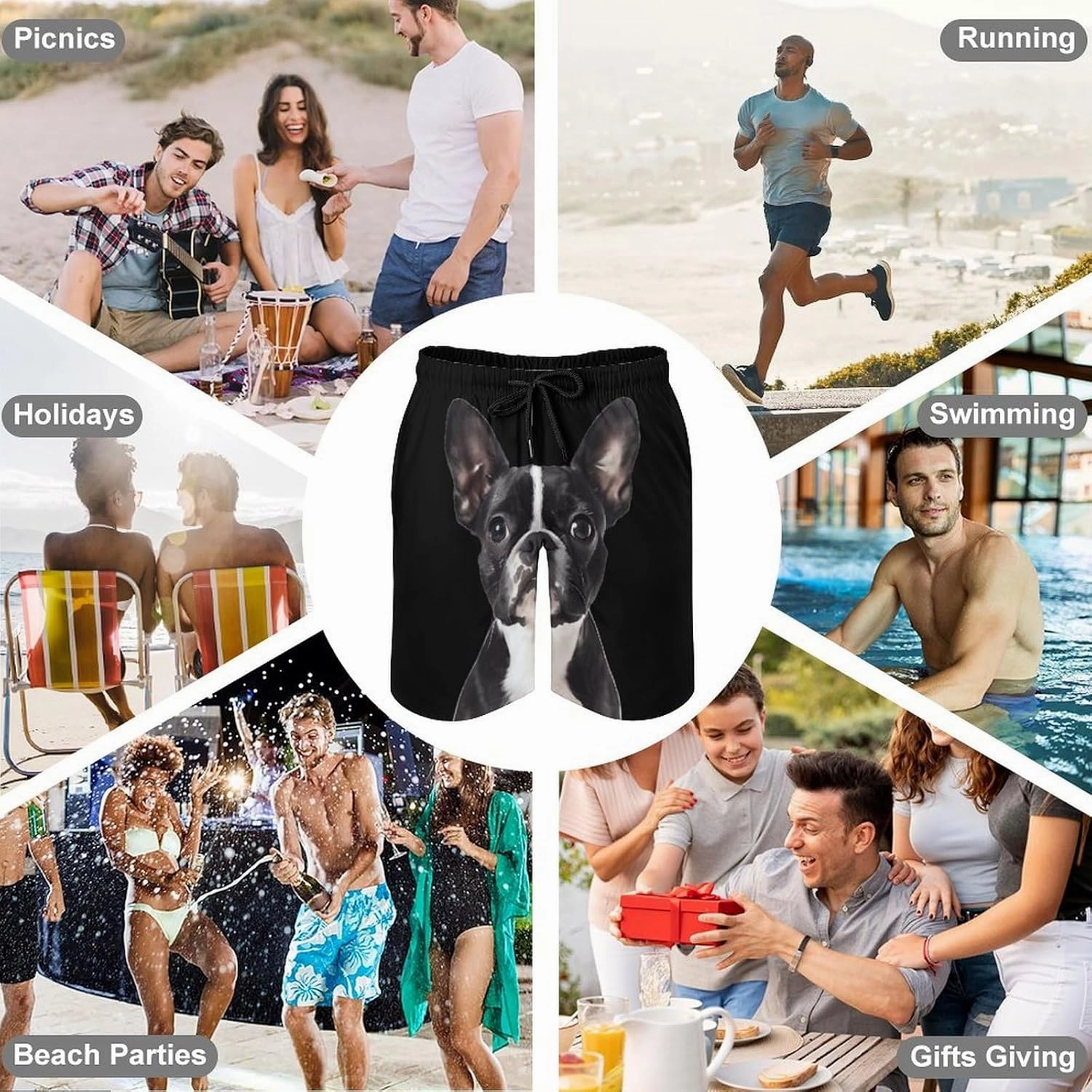 Boston Terrier Cute Funny Men's Swim Trunks Printed Quick Dry Swimwear Beach Shorts With Pocket