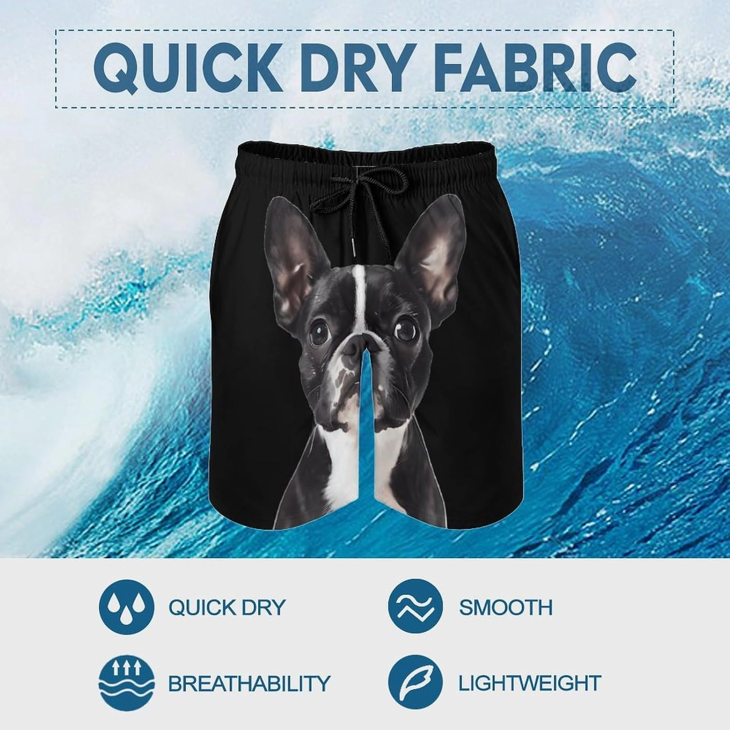 Boston Terrier Cute Funny Men's Swim Trunks Printed Quick Dry Swimwear Beach Shorts With Pocket