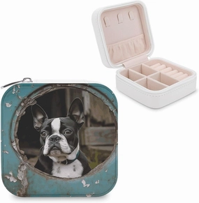 Boston Terrier Small Jewelry Box with Zipper Closure, Leather Ring Storage Box, Portable Travel Jewelry Organizer for Necklace, Earrings, Ring, Bracelet