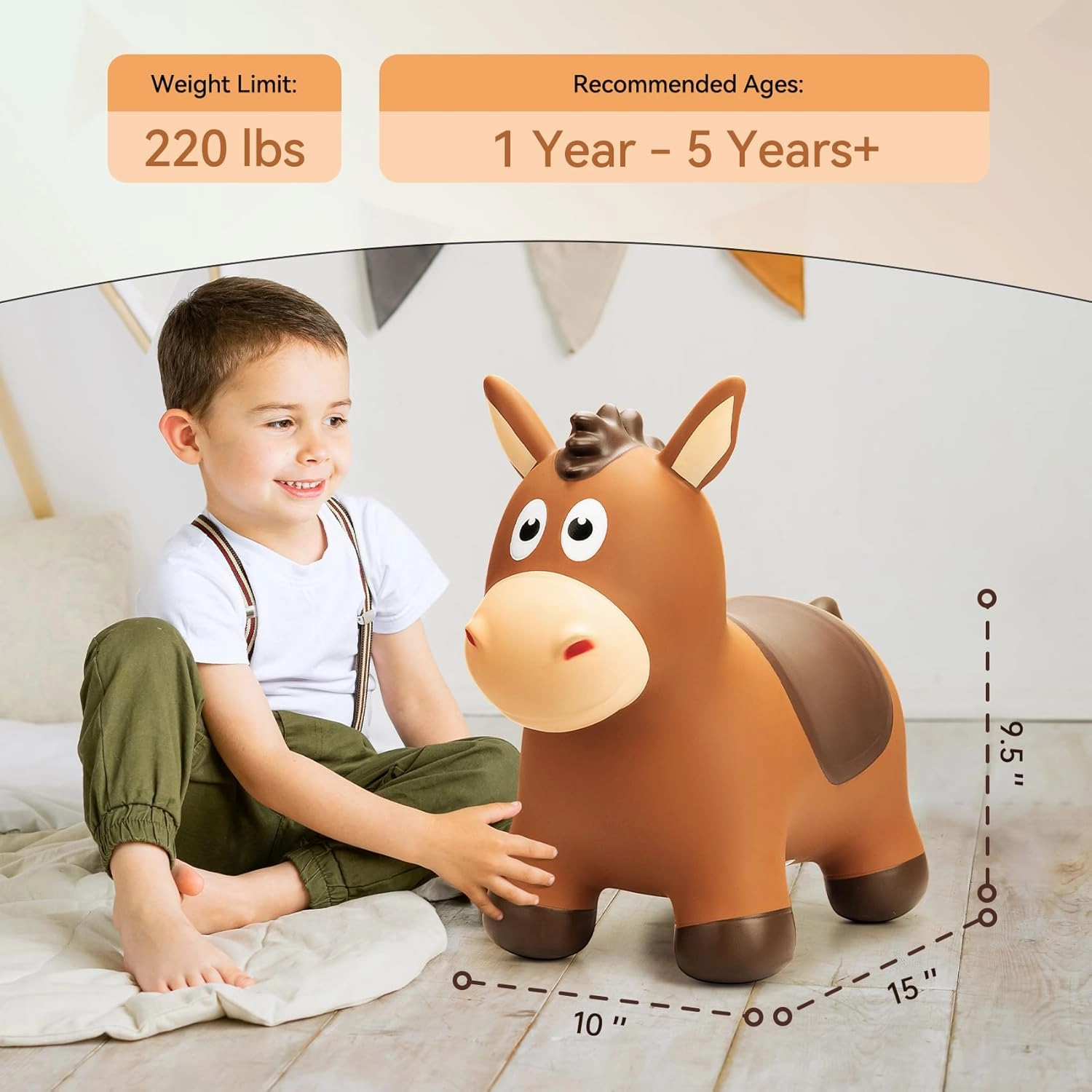 Bouncy Horse for Toddlers 1-3, Inflatable Ride on Bouncy Animal Hopper Toys for 1 2 3 4 5 Year Old Girl Boy Kids First Birthday Gift, Outdoor Indoor Soft Play Equipment(Pump Included)