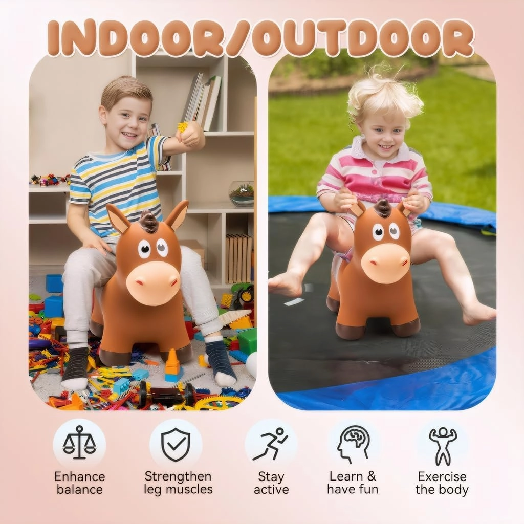 Bouncy Horse for Toddlers 1-3, Inflatable Ride on Bouncy Animal Hopper Toys for 1 2 3 4 5 Year Old Girl Boy Kids First Birthday Gift, Outdoor Indoor Soft Play Equipment(Pump Included)