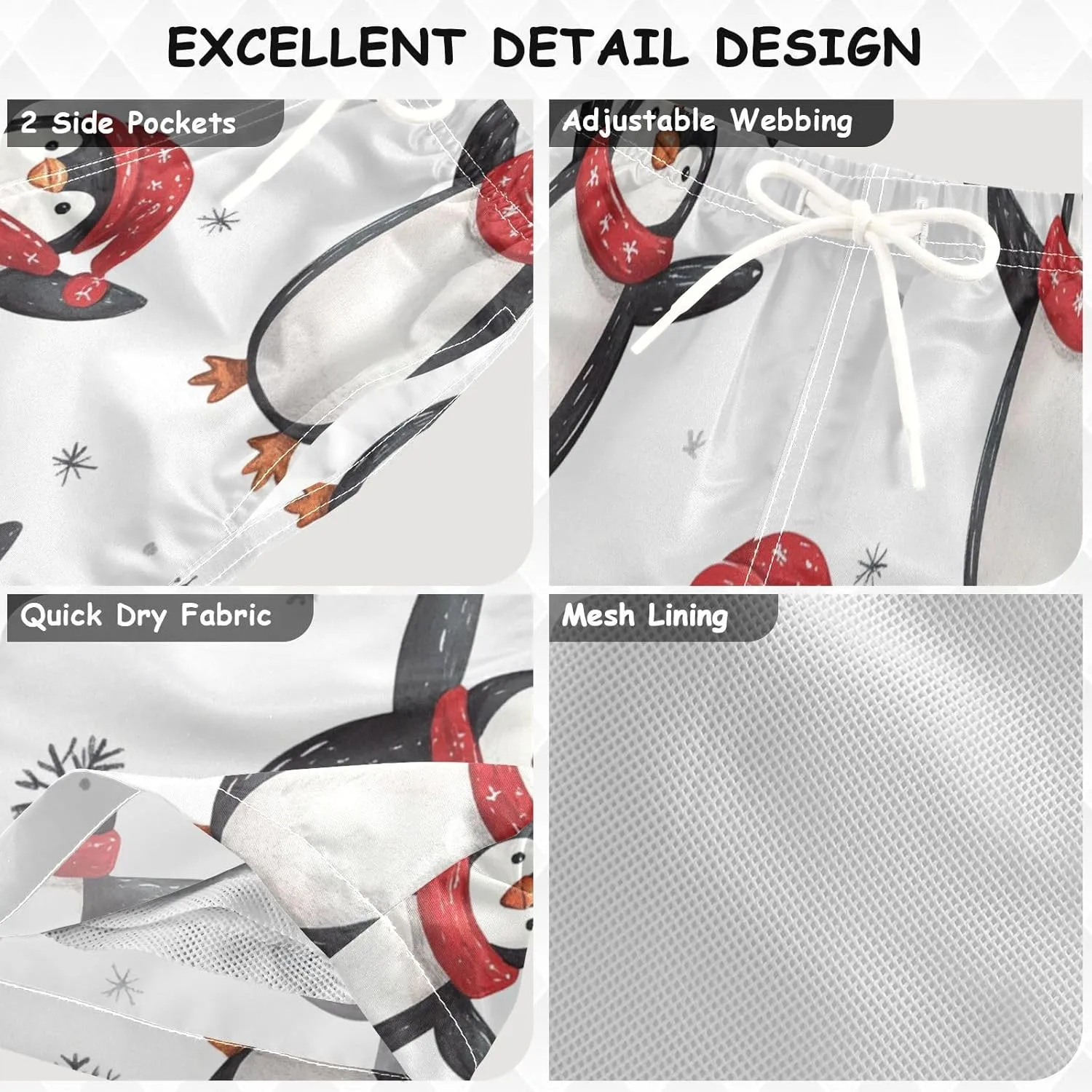 Boys Beach Board Shorts Penguin Cute Cool Snow Swim Trunk Teen Swimwear