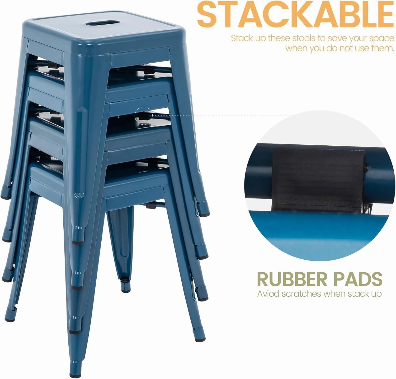 Brage Living 18 Inch Industrial Metal Stool Set of 4, Stackable Backless Metal Dining Chairs for Indoor Outdoor, Kitchen Short Stools (Deep Blue)