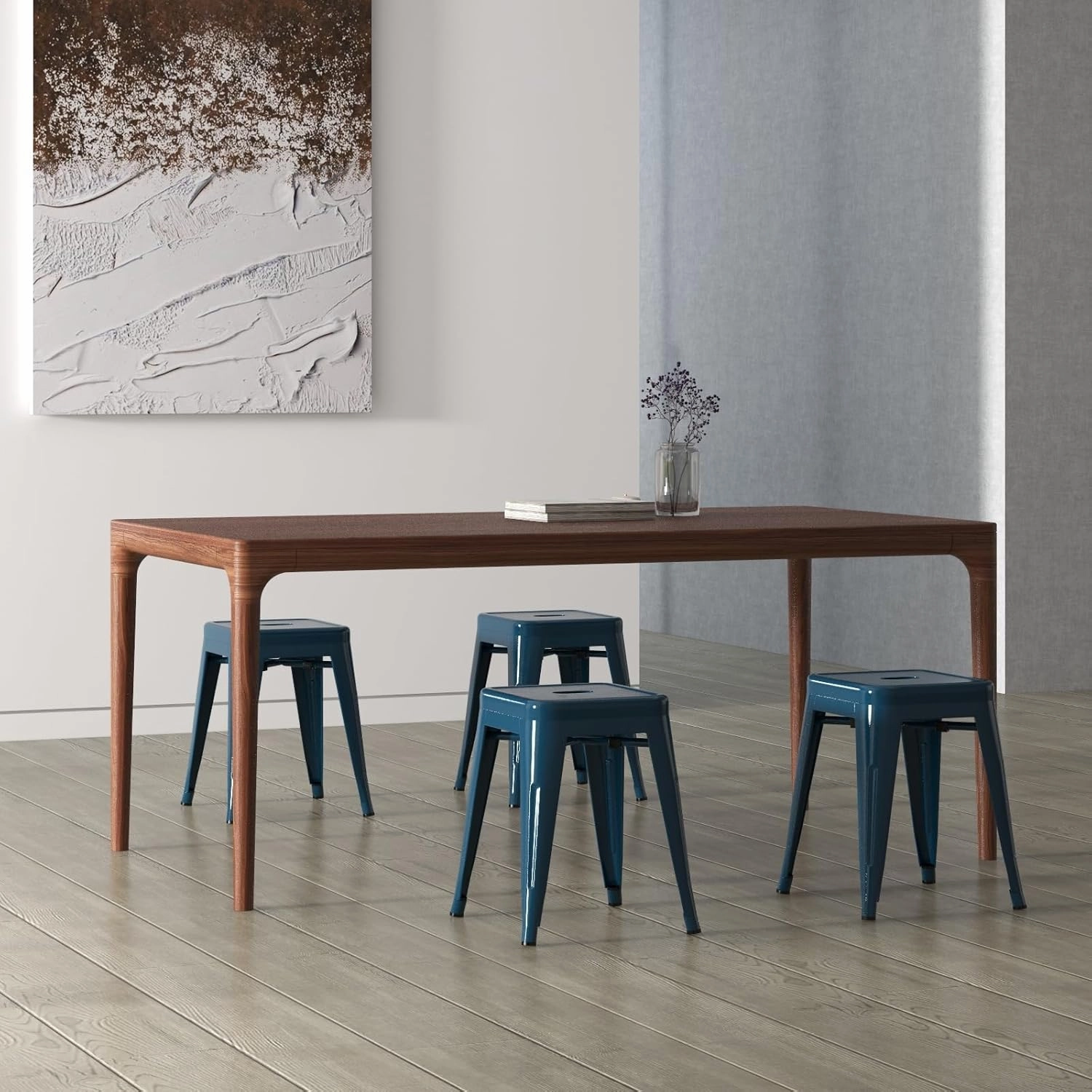 Brage Living 18 Inch Industrial Metal Stool Set of 4, Stackable Backless Metal Dining Chairs for Indoor Outdoor, Kitchen Short Stools (Deep Blue)