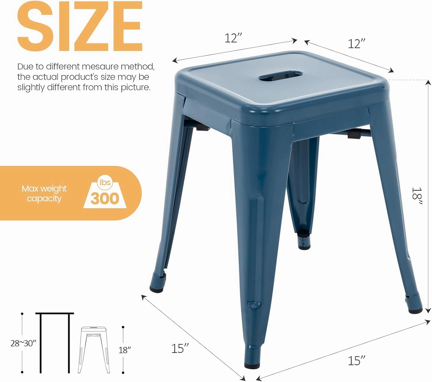 Brage Living 18 Inch Industrial Metal Stool Set of 4, Stackable Backless Metal Dining Chairs for Indoor Outdoor, Kitchen Short Stools (Deep Blue)