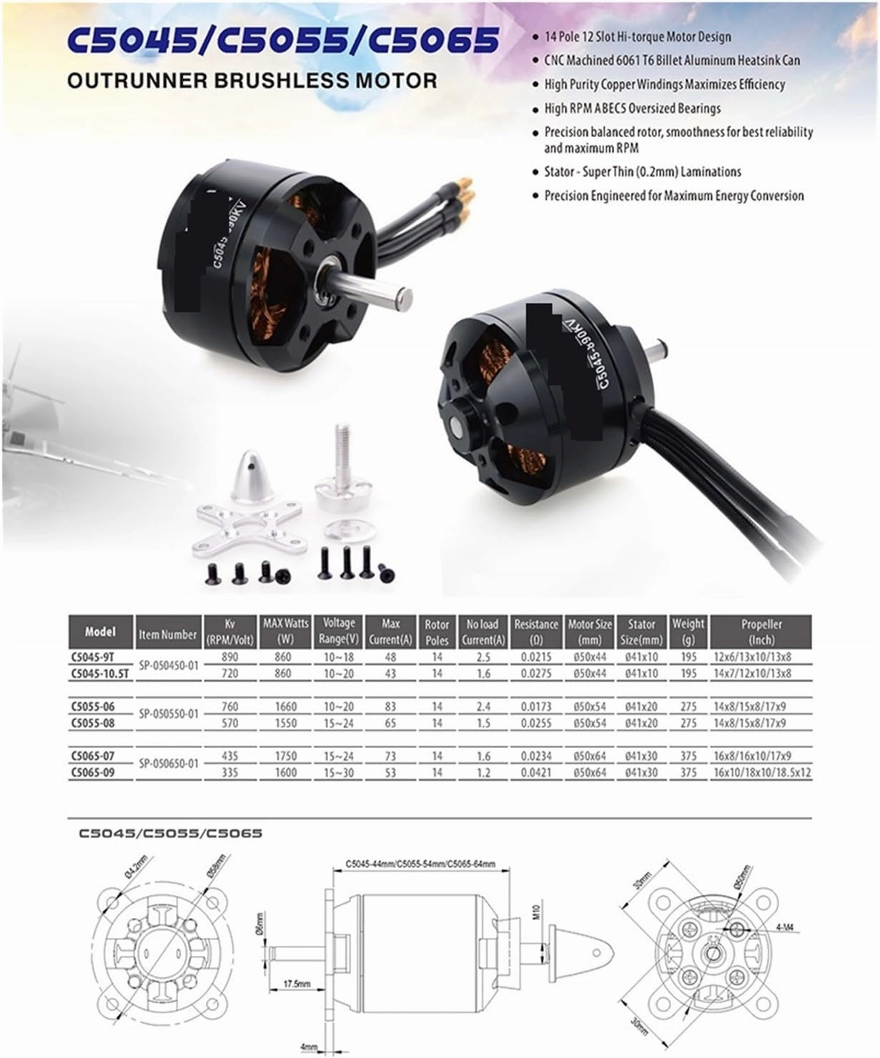 Brushless Motor C4250 C4260 C5045 C5055 C5065 14Pole with Acc for UAV Aircraft Multicopters RC Plane Helicopter(C4250 800KV)