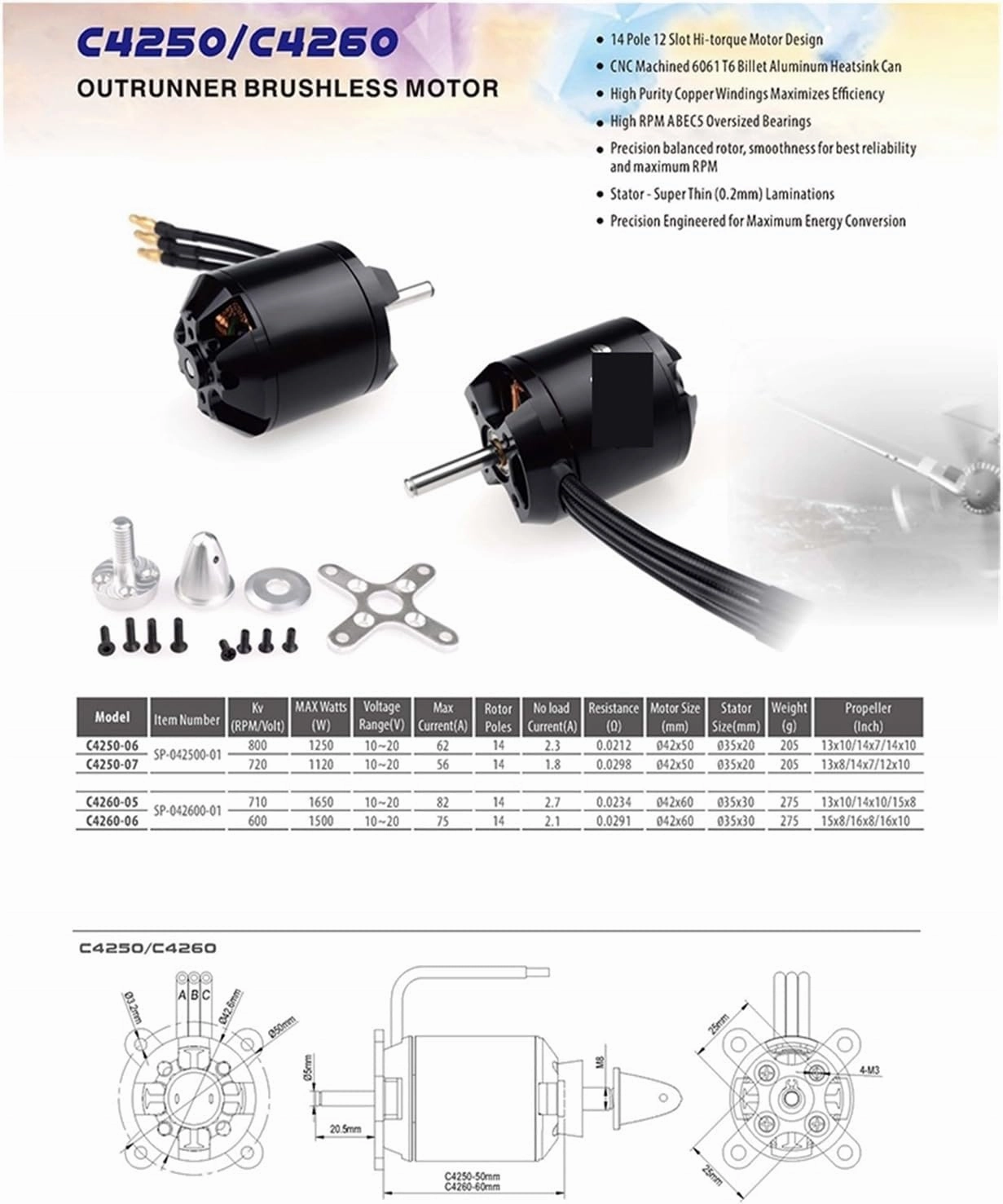 Brushless Motor C4250 C4260 C5045 C5055 C5065 14Pole with Acc for UAV Aircraft Multicopters RC Plane Helicopter(C4250 800KV)