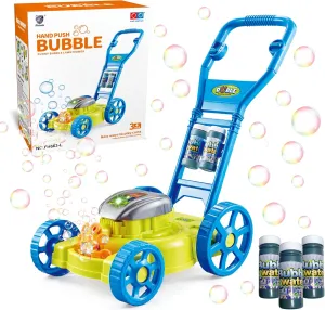 Bubble Lawn Mower for Toddlers 3 . Kids Bubble Blower Machine, Indoor Outdoor Push Gardening Toys, Halloween Birthday Gifts Toys for Preschool Baby，Party Summer Backyard Toys for Baby Girls (Blue)