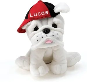 burton BURTON Personalized Eugene White Bulldog in Baseball Cap Plush Stuffed Animal Toy with Custom Name - 7.5 Inches