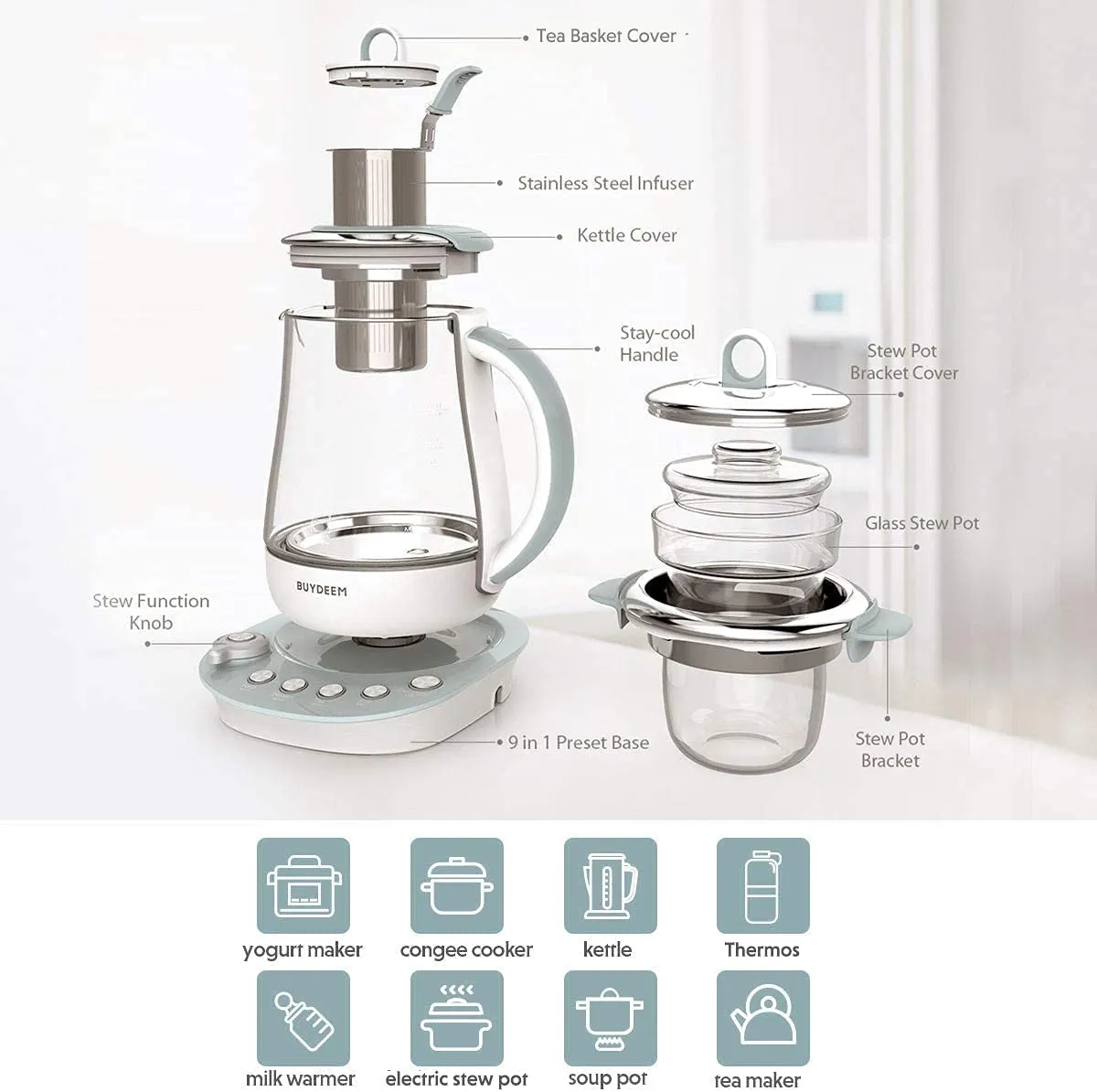 BUYDEEM K2683 Health-Care Beverage Tea Maker and Kettle, 9-in-1 Programmable Brew Cooker Master, 1.5 L