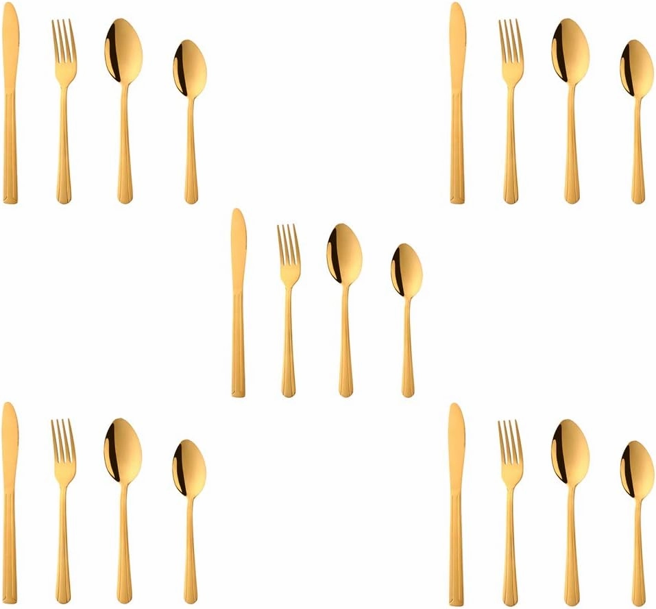 Buyer Star 20-Piece Gold Silverware Flatware Set Stainless Steel Travel Eating Utensil for Picnic Camping, Service for 5, Dishwasher Safe